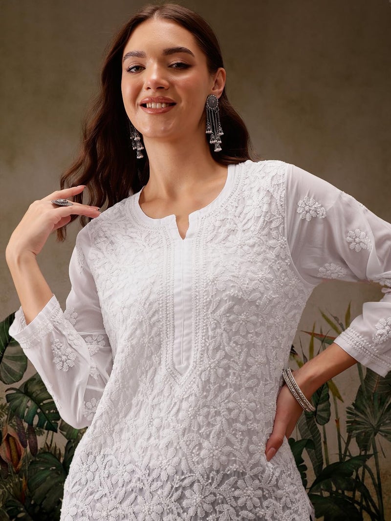 Ada Hand Embroidered Indian Chikankari Kurta Kurti Faux Georgette Tunic for Women XL95485_White - Image 3